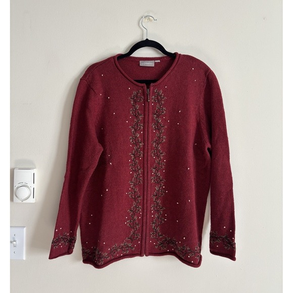 croft & barrow Sweaters - Croft and Barrow Women's XL Christmas Holly Holiday Sweater Red 2000s Vintage